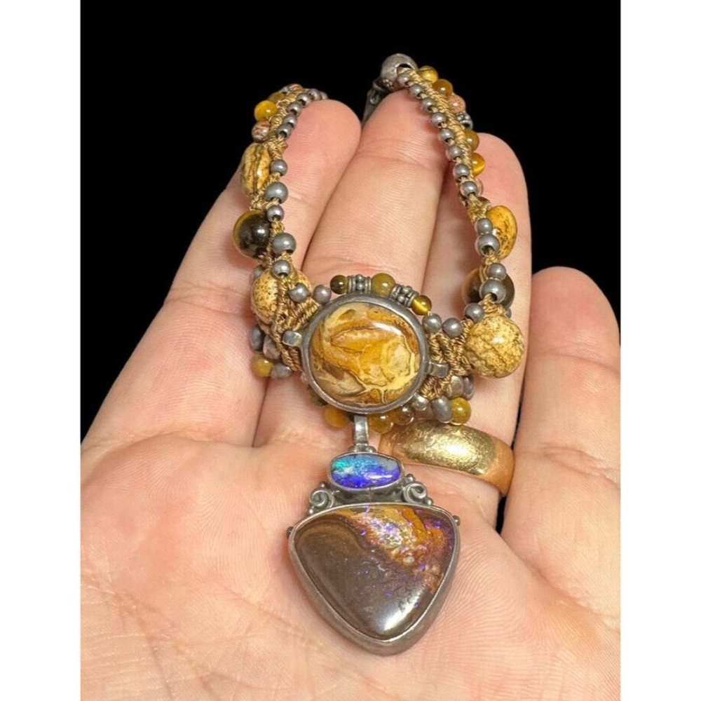 Vintage Southwestern Sterling Silver, Jasper, and Moonstone Necklace Ethnic - Picture 3 of 7